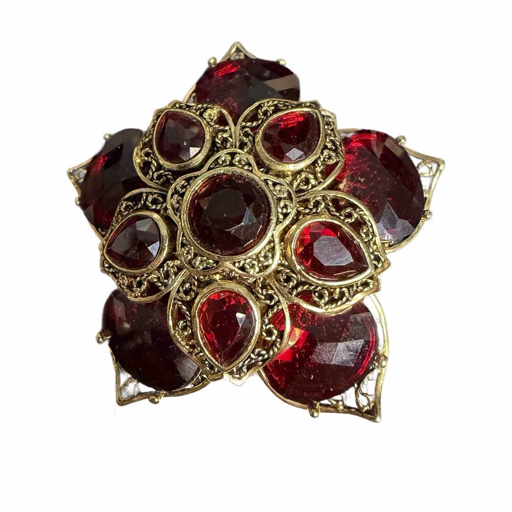 Monet Vintage Gold-Tone Red Rhinestone Brooch Pin Large